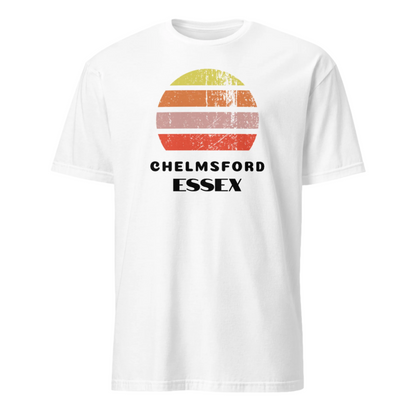 Vintage distressed style retro sunset in yellow, orange, pink and scarlet with the Essex neighbourhood of Chelmsford outlined beneath on this white cotton t-shirt