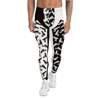 Mens leggings, funky pro-wrestling tights with toy pistols in black and white. Ankle length fashion meggings for rave parties, festivals, Halloween cosplay, streetwear.