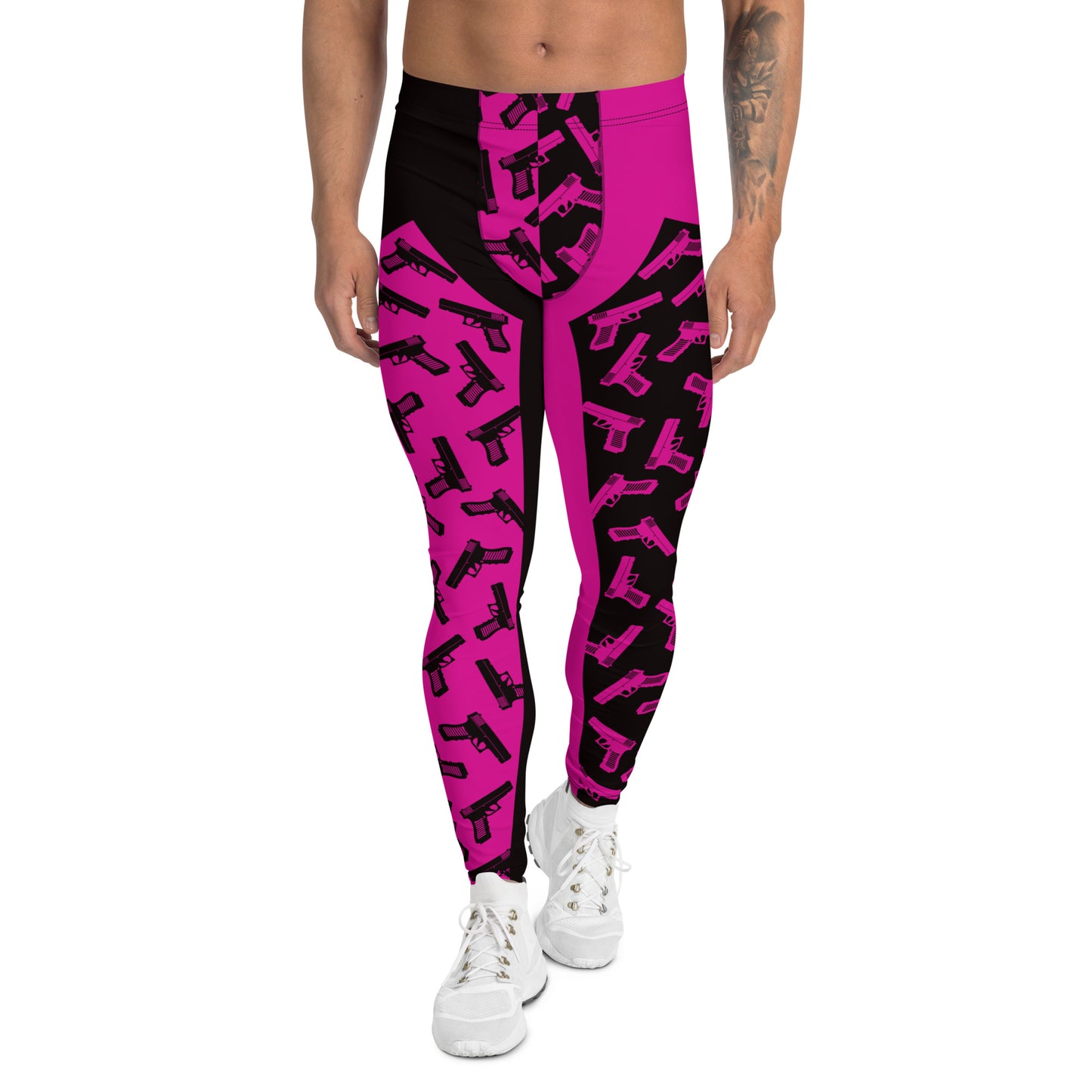 Mens leggings, funky pro-wrestling tights with toy pistols in pink and black. Ankle length fashion meggings for rave parties, festivals, Halloween cosplay, streetwear.