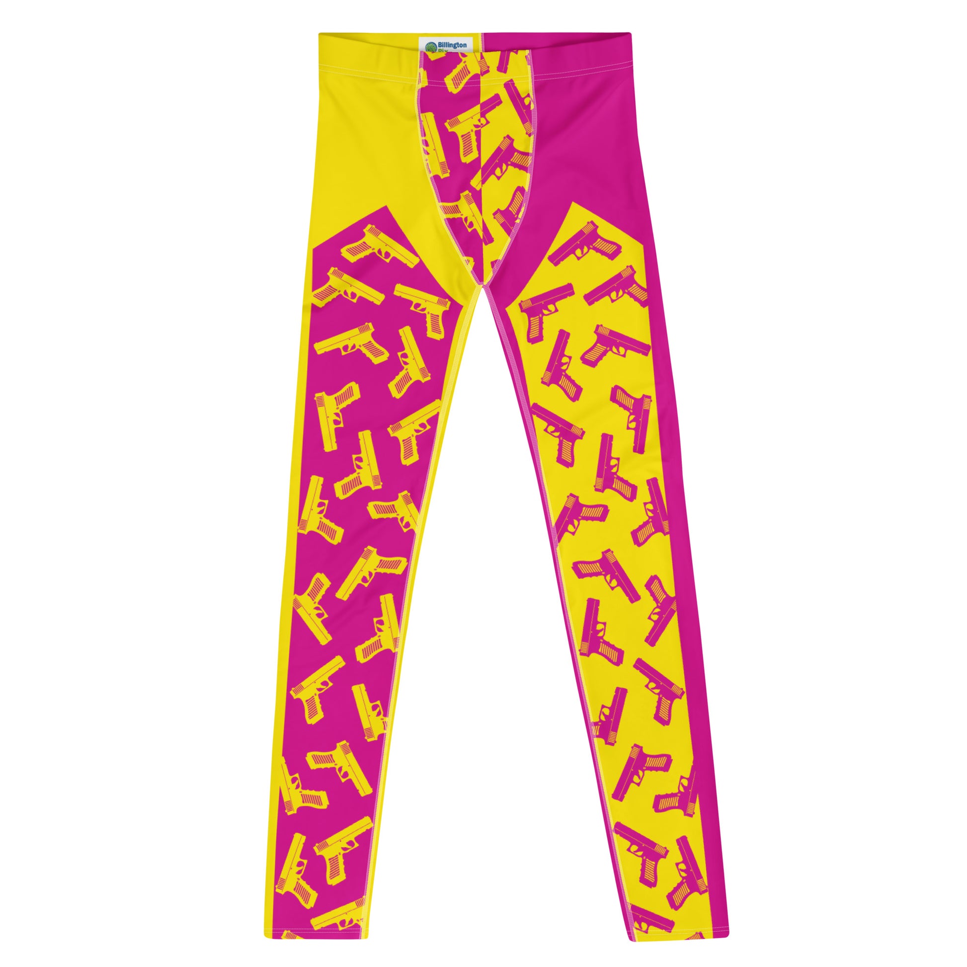 Mens leggings, funky pro-wrestling tights with toy pistols in yellow and pink. Ankle length fashion meggings for rave parties, festivals, Halloween cosplay, streetwear.