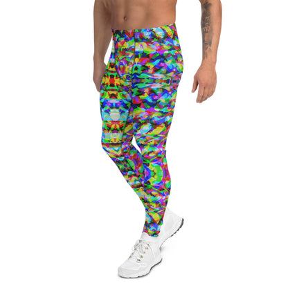 Mens leggings in a trippy psychedelic LGBT rainbow pattern. Geometric fuzzy pattern in rainbowcore all-over print fashion meggings for Gay Pride.