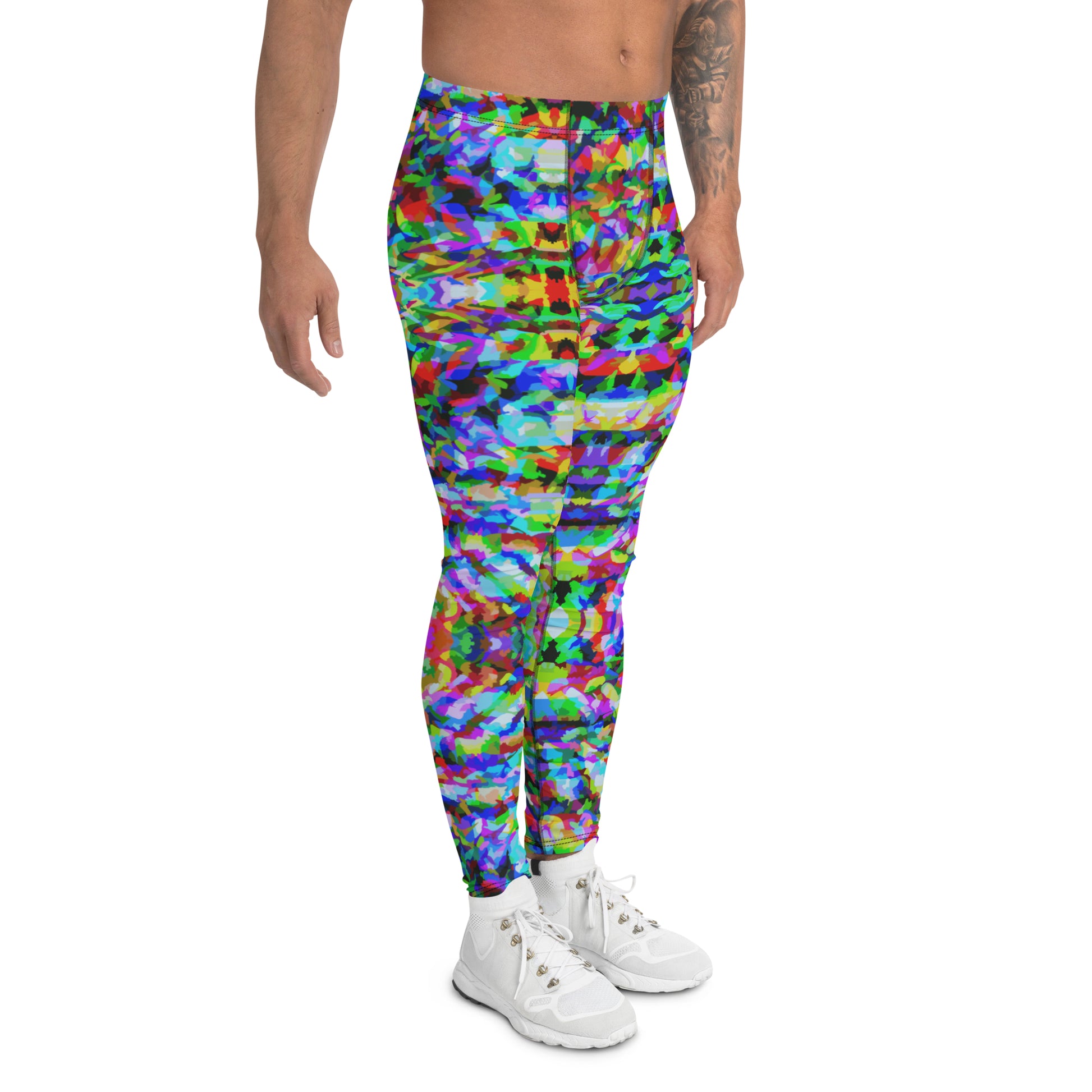 Mens leggings in a trippy psychedelic LGBT rainbow pattern. Geometric fuzzy pattern in rainbowcore all-over print fashion meggings for Gay Pride.