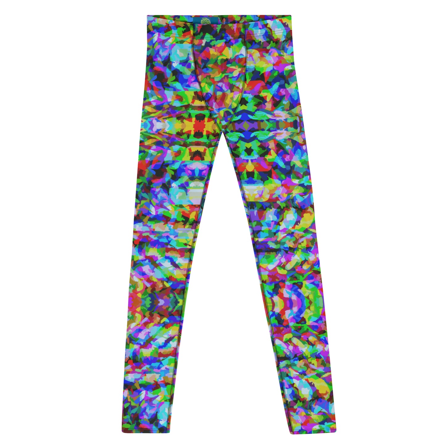 Mens leggings in a trippy psychedelic LGBT rainbow pattern. Geometric fuzzy pattern in rainbowcore all-over print fashion meggings for Gay Pride.