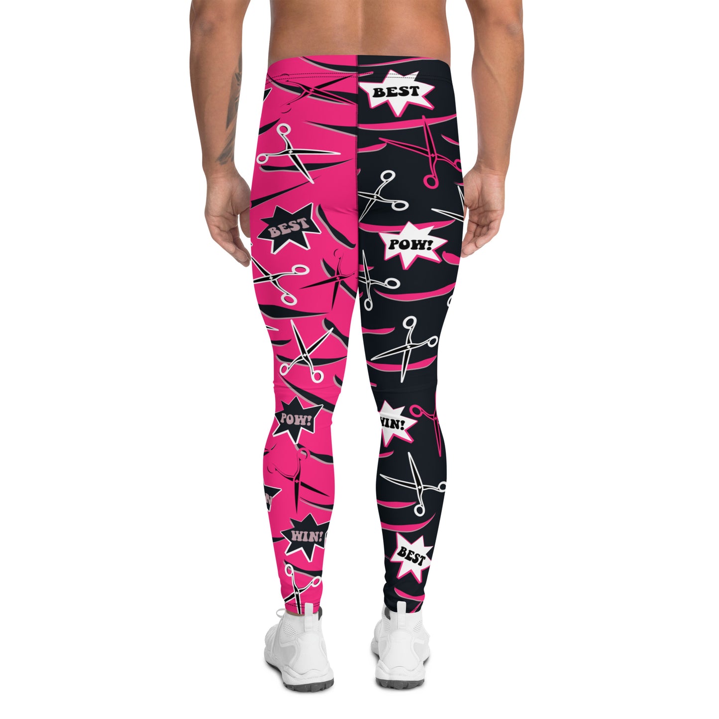 Men's professional wrestling pants in alternate pink and black with a fun dramatic pattern of scissors and slashes for Halloween cosplay. Cartoon bleepers such as Greatest and Alive. Ankle length, elastic waist in mid size. Spandex leggings