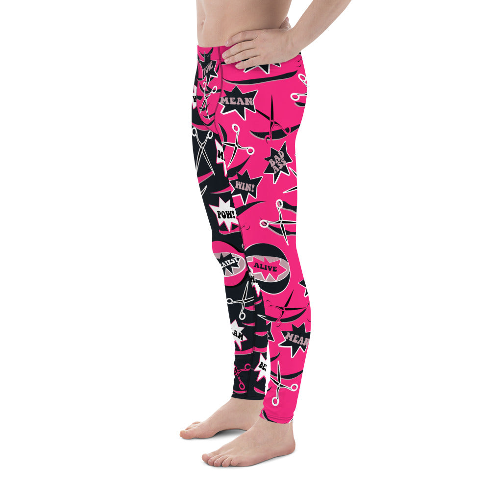 Men's professional wrestling pants in alternate pink and black with a fun dramatic pattern of scissors and slashes for Halloween cosplay. Cartoon bleepers such as Greatest and Alive. Ankle length, elastic waist in mid size. Spandex leggings