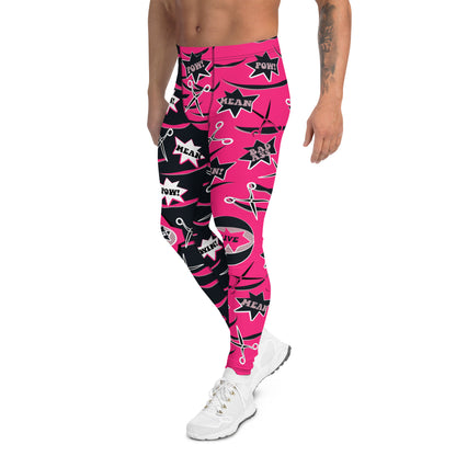 Men's professional wrestling pants in alternate pink and black with a fun dramatic pattern of scissors and slashes for Halloween cosplay. Cartoon bleepers such as Greatest and Alive. Ankle length, elastic waist in mid size. Spandex leggings