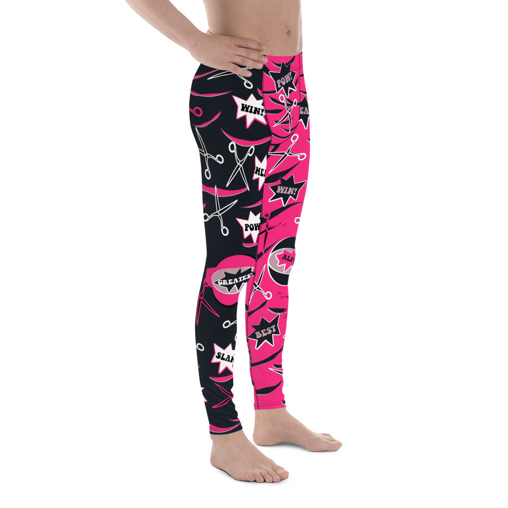 Men's professional wrestling pants in alternate pink and black with a fun dramatic pattern of scissors and slashes for Halloween cosplay. Cartoon bleepers such as Greatest and Alive. Ankle length, elastic waist in mid size. Spandex leggings