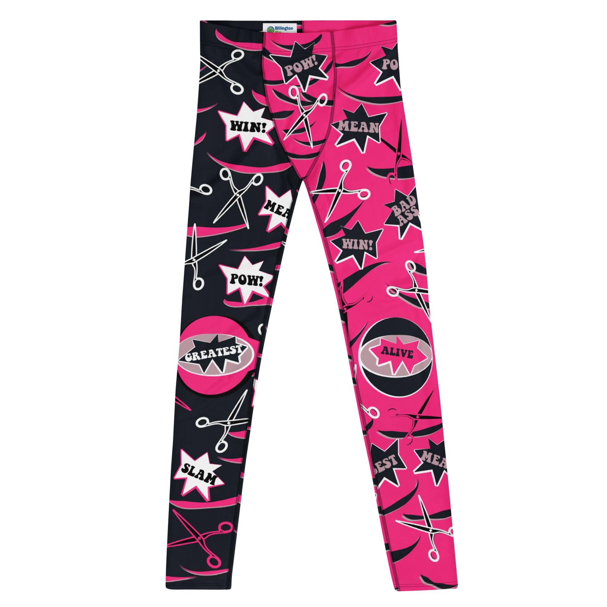 Men's professional wrestling pants in alternate pink and black with a fun dramatic pattern of scissors and slashes for Halloween cosplay. Cartoon bleepers such as Greatest and Alive. Ankle length, elastic waist in mid size. Spandex leggings