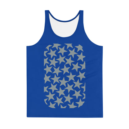 Mens tank top sports vest in blue with silver stars on the front and back. Relaxed fit NBA American football cosplay gear.