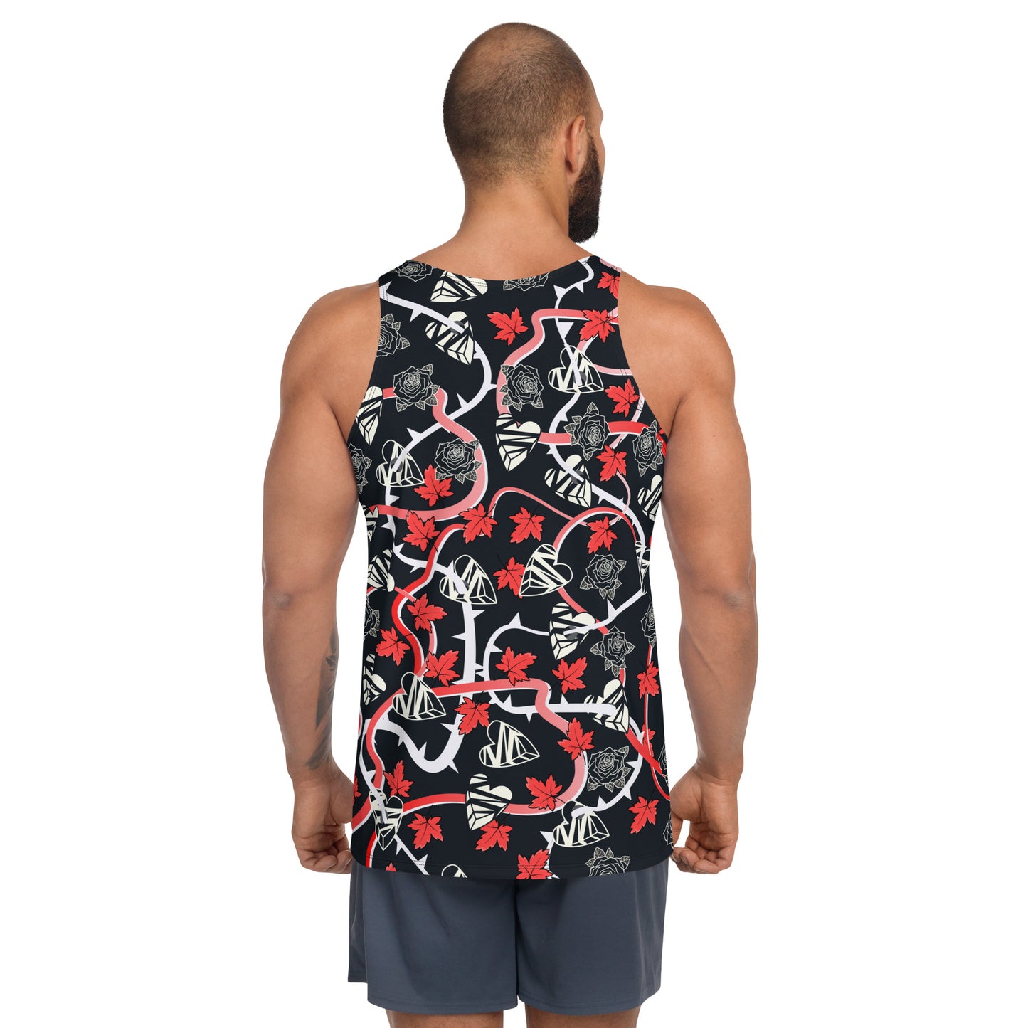 Mens tank top in black with broken hearts, vines and thorns. Pro-wrestling style costume.