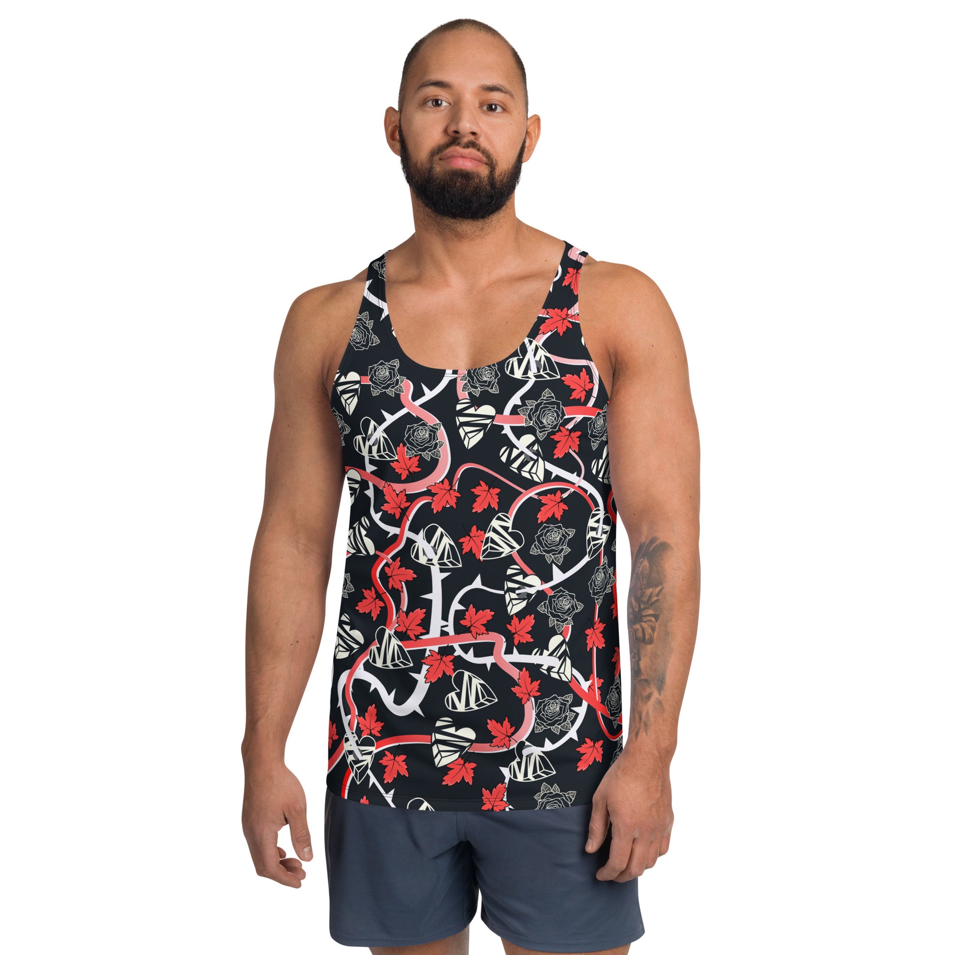 Mens tank top in black with broken hearts, vines and thorns. Pro-wrestling style costume.