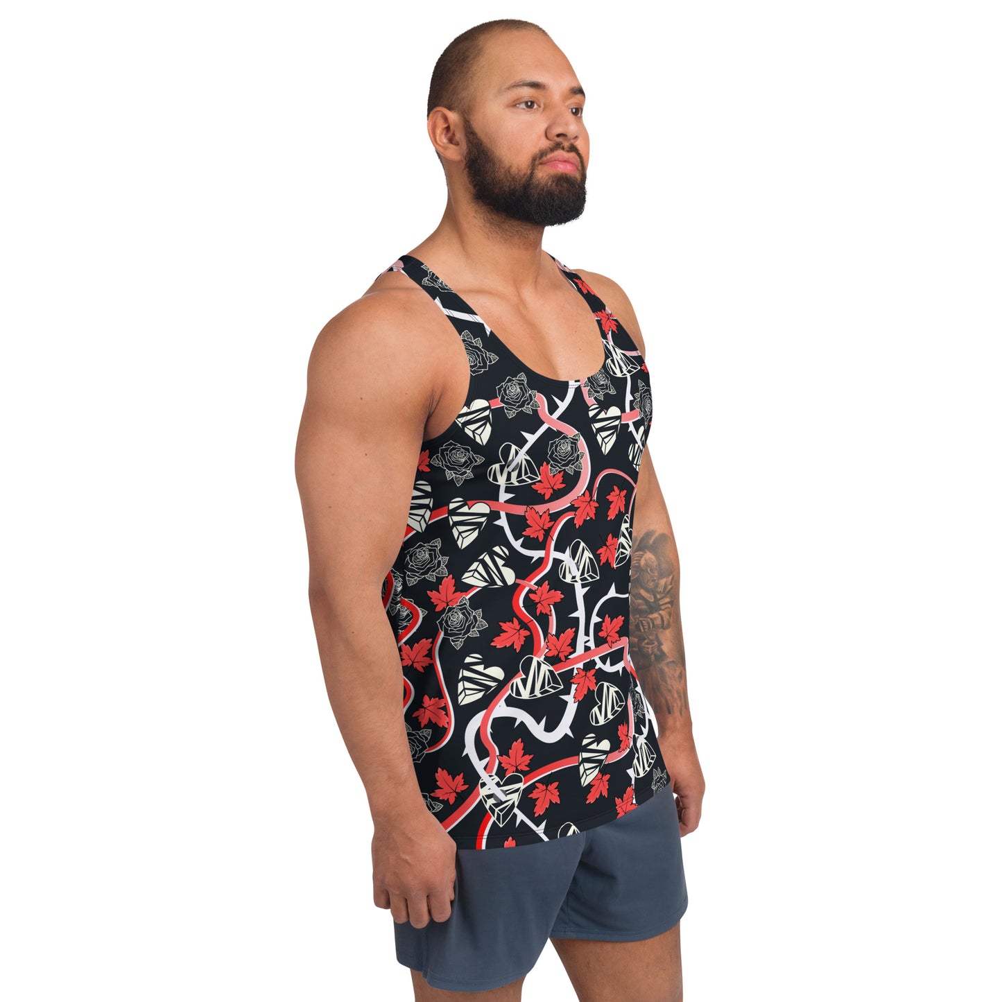 Mens tank top in black with broken hearts, vines and thorns. Pro-wrestling style costume.