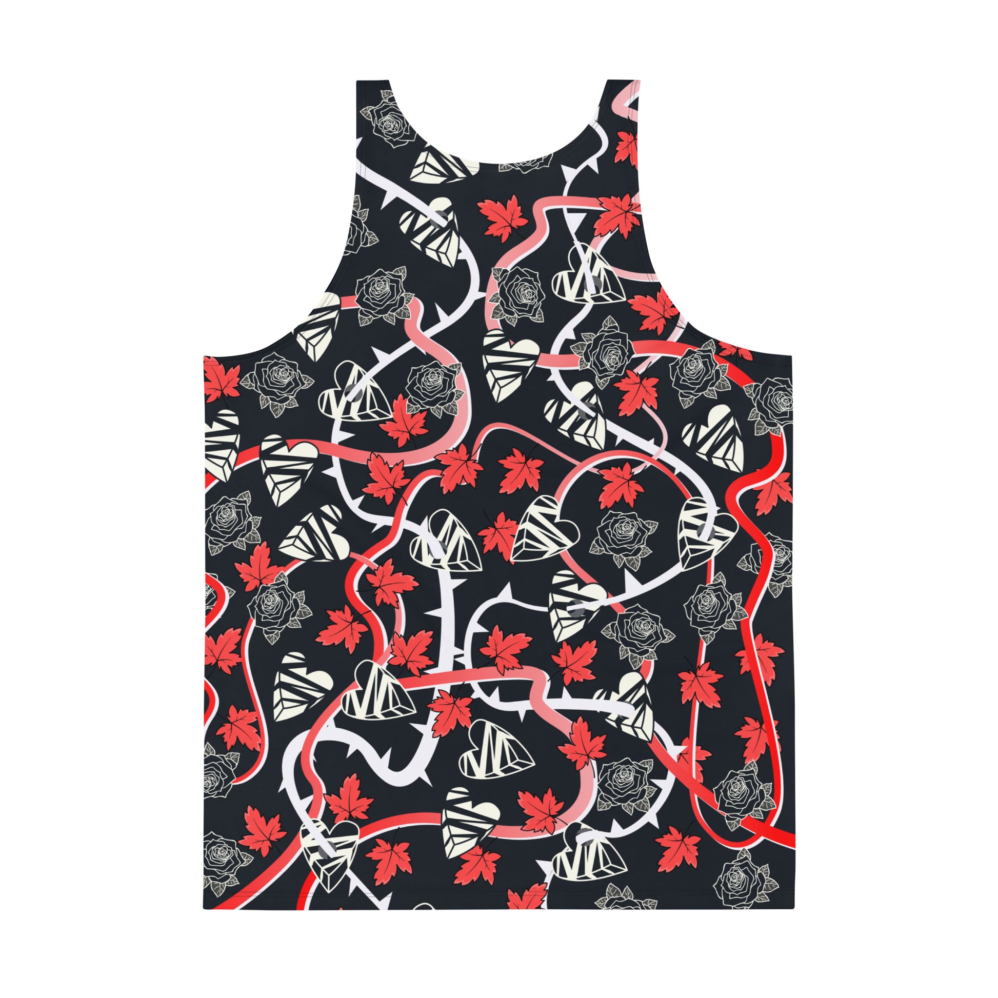 Mens tank top in black with broken hearts, vines and thorns. Pro-wrestling style costume.