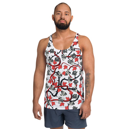 Mens tank top in white with broken hearts, vines and thorns. Pro-wrestling style costume.