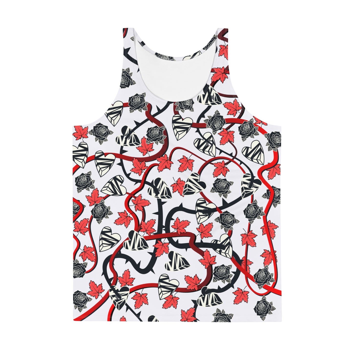 Mens tank top in white with broken hearts, vines and thorns. Pro-wrestling style costume.