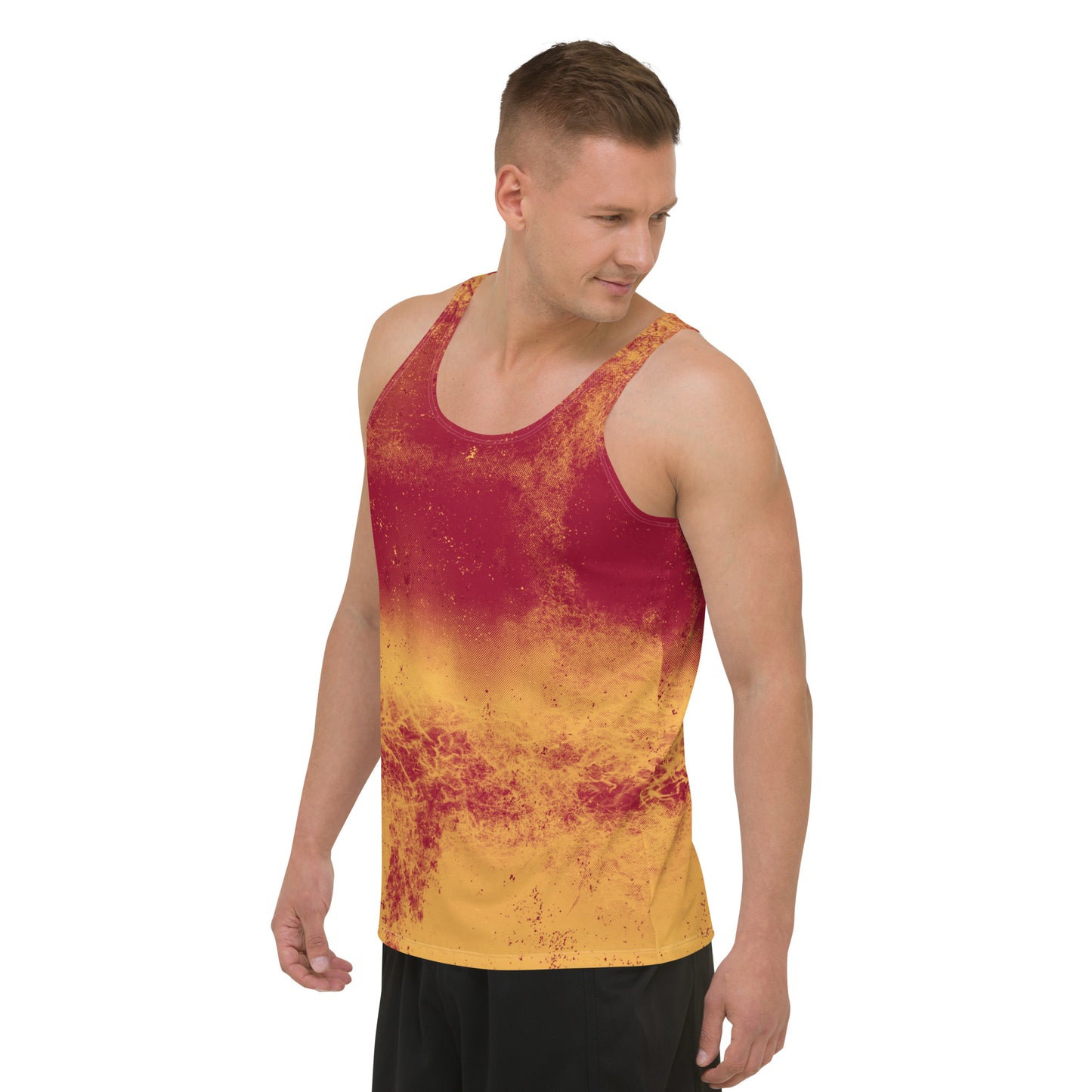 Mens patterned tank top in pro wrestling gear style. Fiery all-over pattern in a retro 70s vibe.