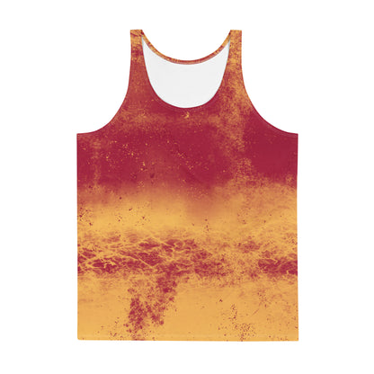 Mens patterned tank top in pro wrestling gear style. Fiery all-over pattern in a retro 70s vibe.