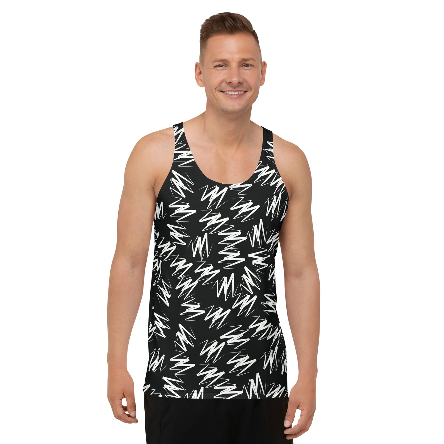 Mens tank top in white zigzags on black polyester fabric. Relaxed fit, sleeveless