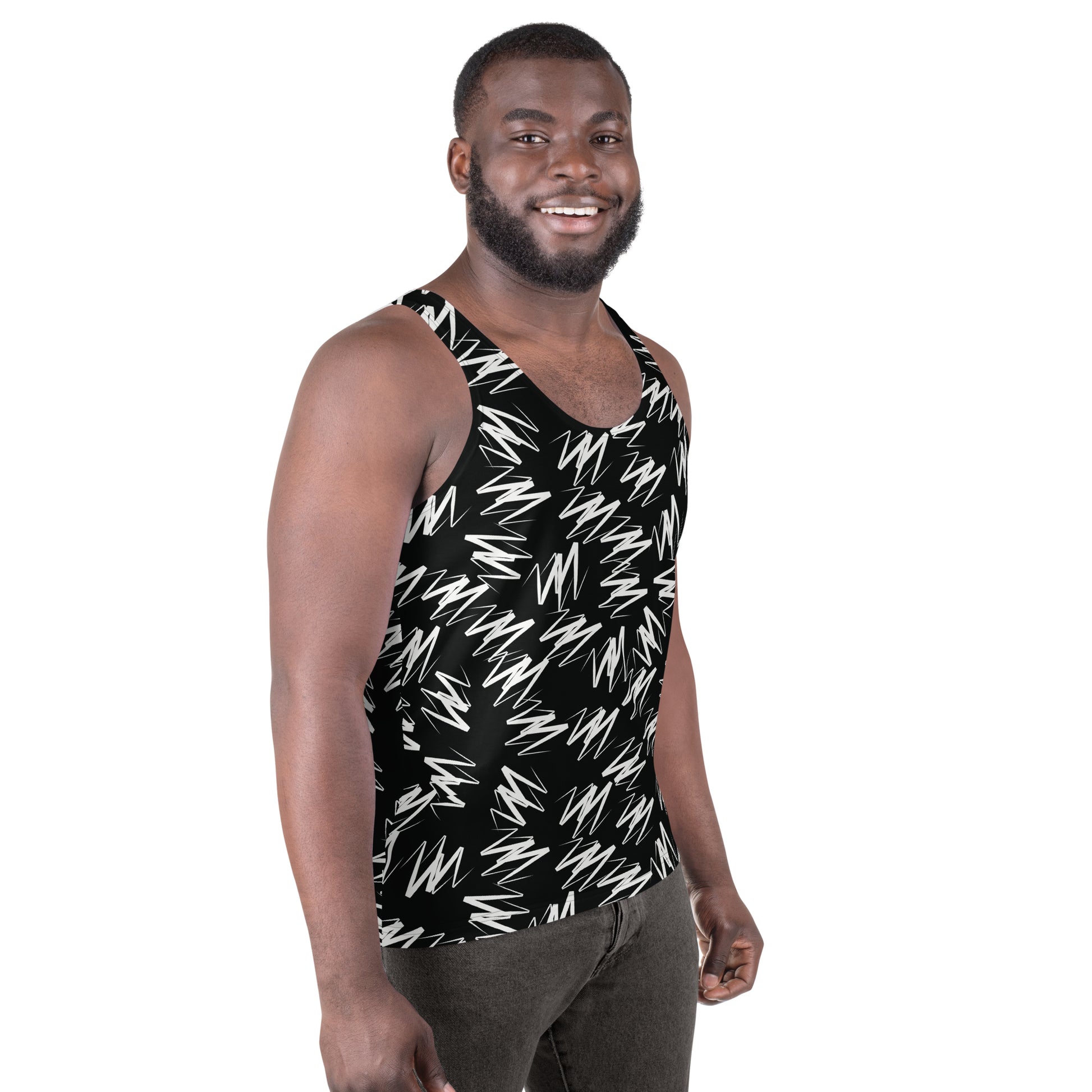 Mens tank top in white zigzags on black polyester fabric. Relaxed fit, sleeveless