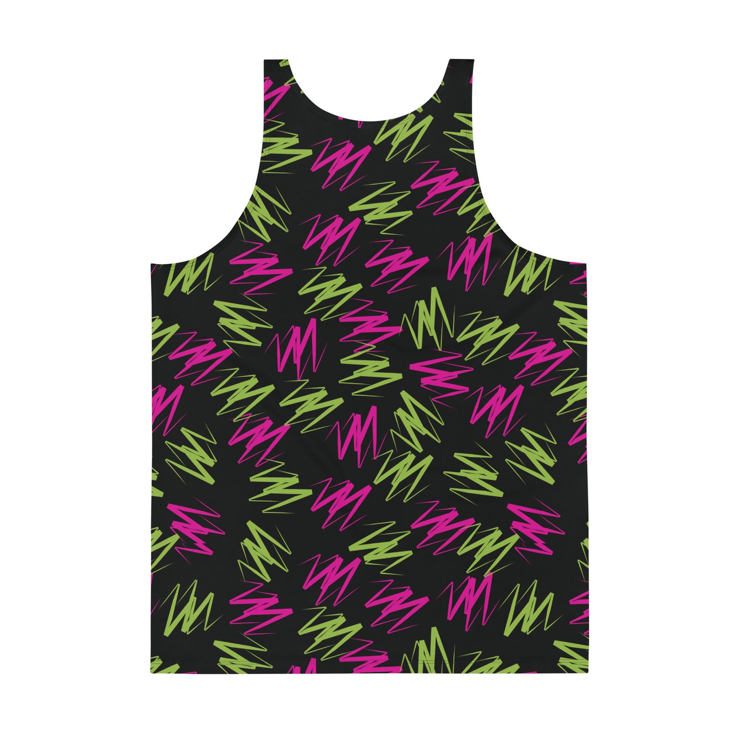 Mens tank top in pink and green zigzags on black polyester fabric. Relaxed fit, sleeveless