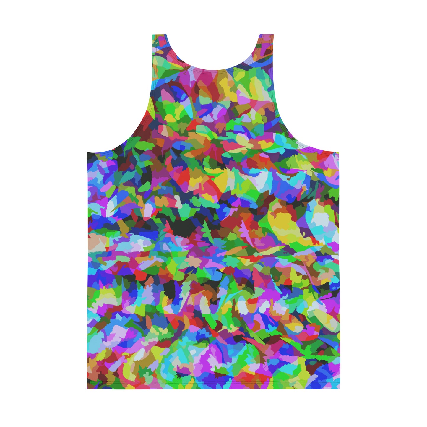 Rainbow coloured psychedelic trippy pattern in a 60s and LGBT vibe, this all-over pattern tank top sports vest by BillingtonPix contains tones of red, green, yellow, purple and blue.