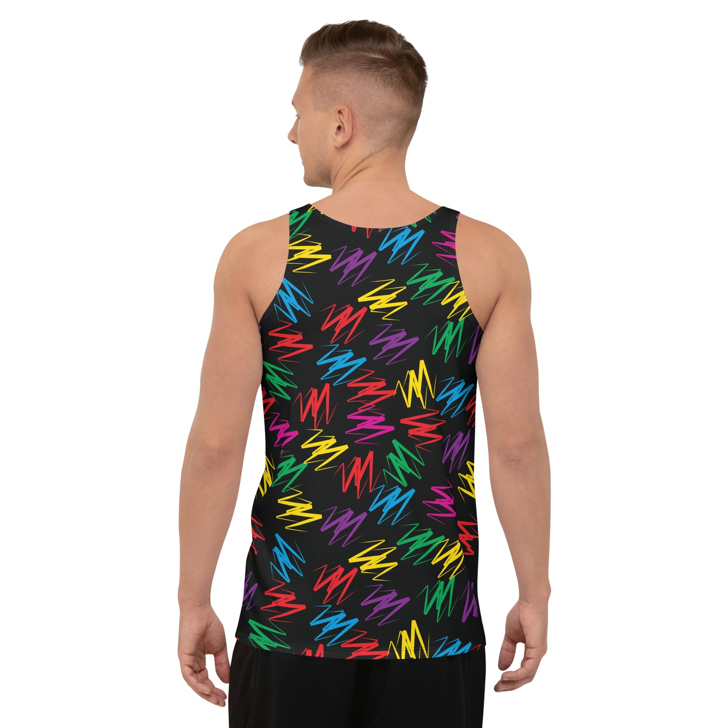 Mens tank top in rainbow zigzags on black polyester fabric. Relaxed fit, sleeveless