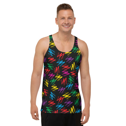 Mens tank top in  rainbow zigzags on black polyester fabric. Relaxed fit, sleeveless