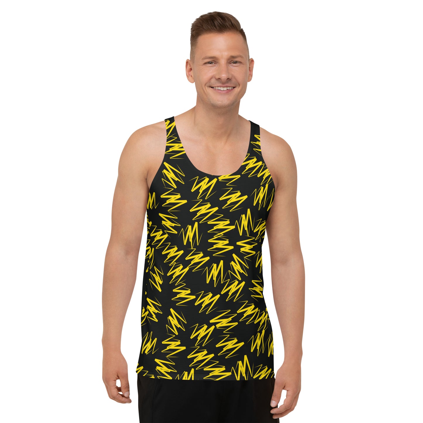 Mens tank top in yellow zigzags on black polyester fabric. Relaxed fit, sleeveless