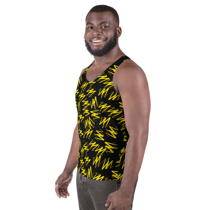 Mens tank top in yellow zigzags on black polyester fabric. Relaxed fit, sleeveless