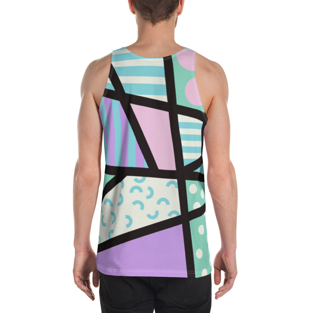 Pastel goth retro 80s Memphis style tank top, for gym, running, pro-wrestling, BJJ, rave gear, festivals, streetwear with bold, bright geometric patterns and colours by BillingtonPix