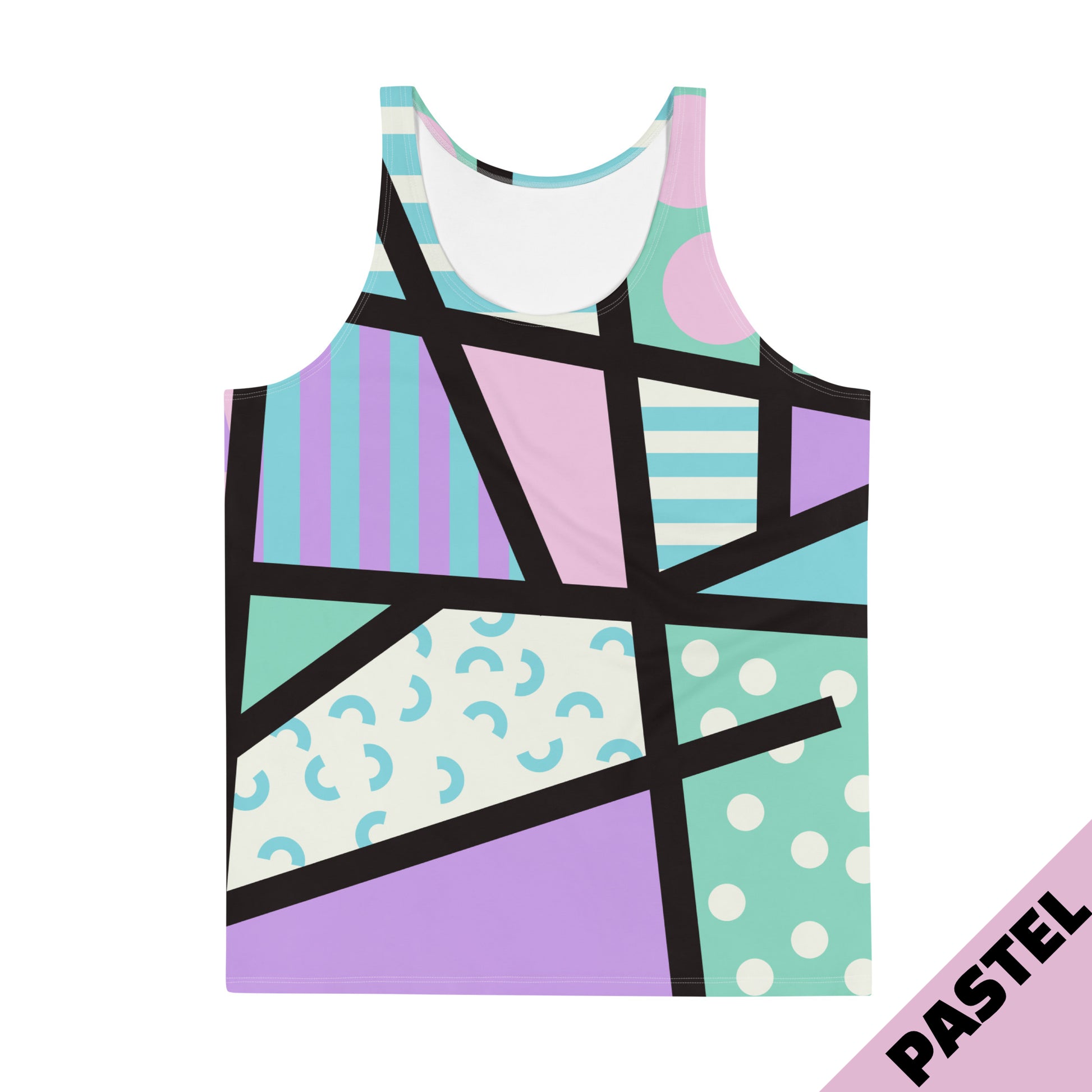 Pastel goth retro 80s Memphis style tank top, for gym, running, pro-wrestling, BJJ, rave gear, festivals, streetwear with bold, bright geometric patterns and colours by BillingtonPix