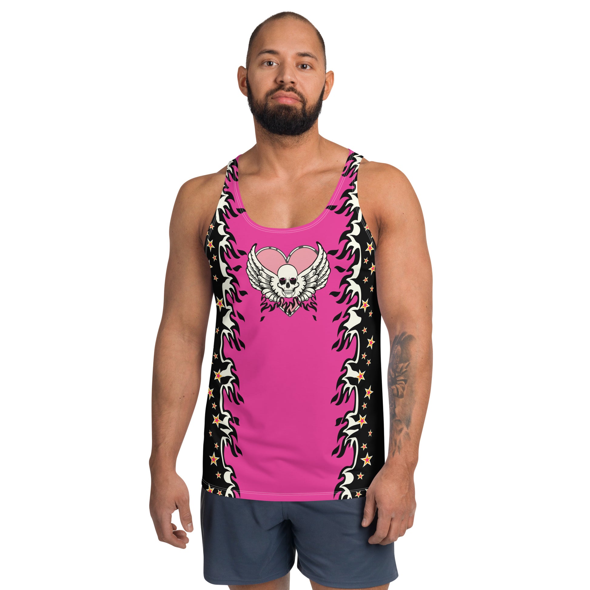 Mens tank top in pink and black with a skull, wings, fire and stars. Pro-wrestling style costume in a retro design.