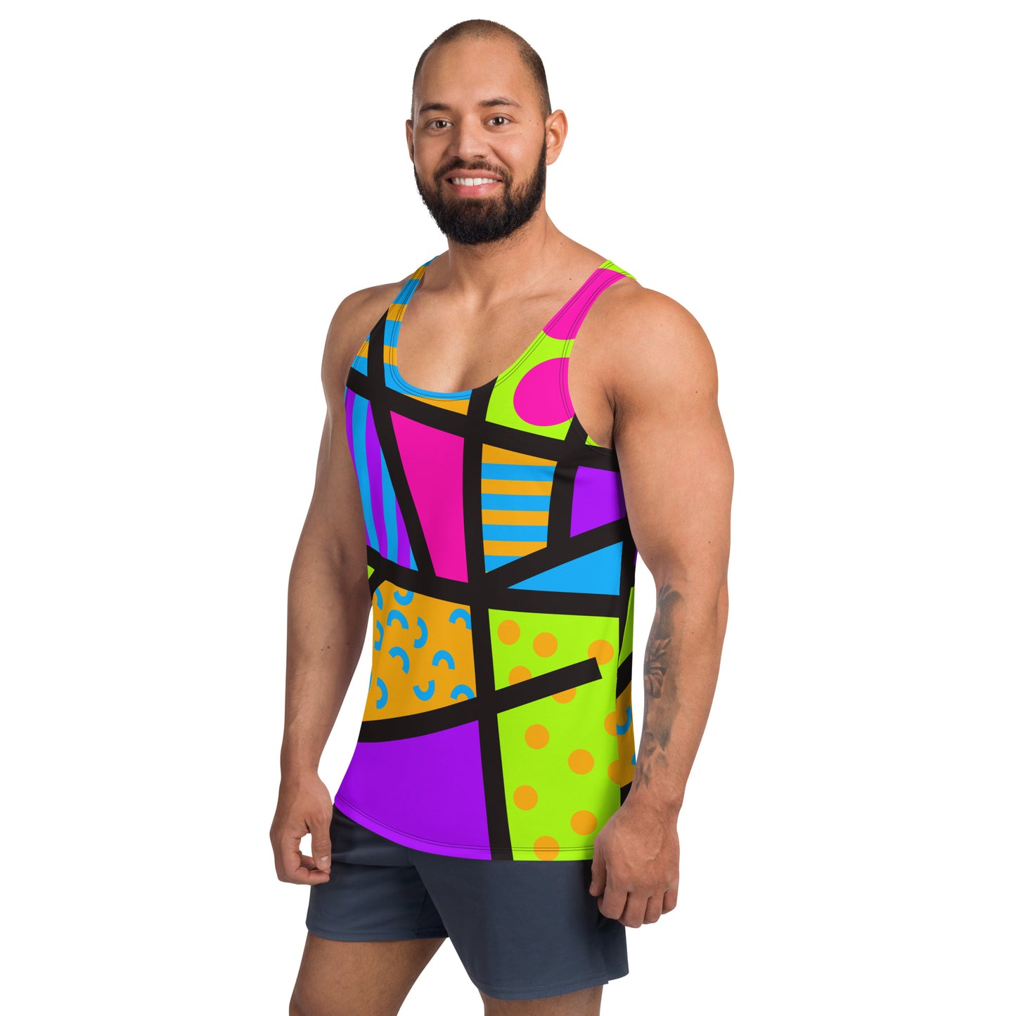 Popping retro 80s Memphis style tank top, for gym, running, pro-wrestling, BJJ, rave gear, festivals, streetwear with bold, bright geometric patterns and colours by BillingtonPix