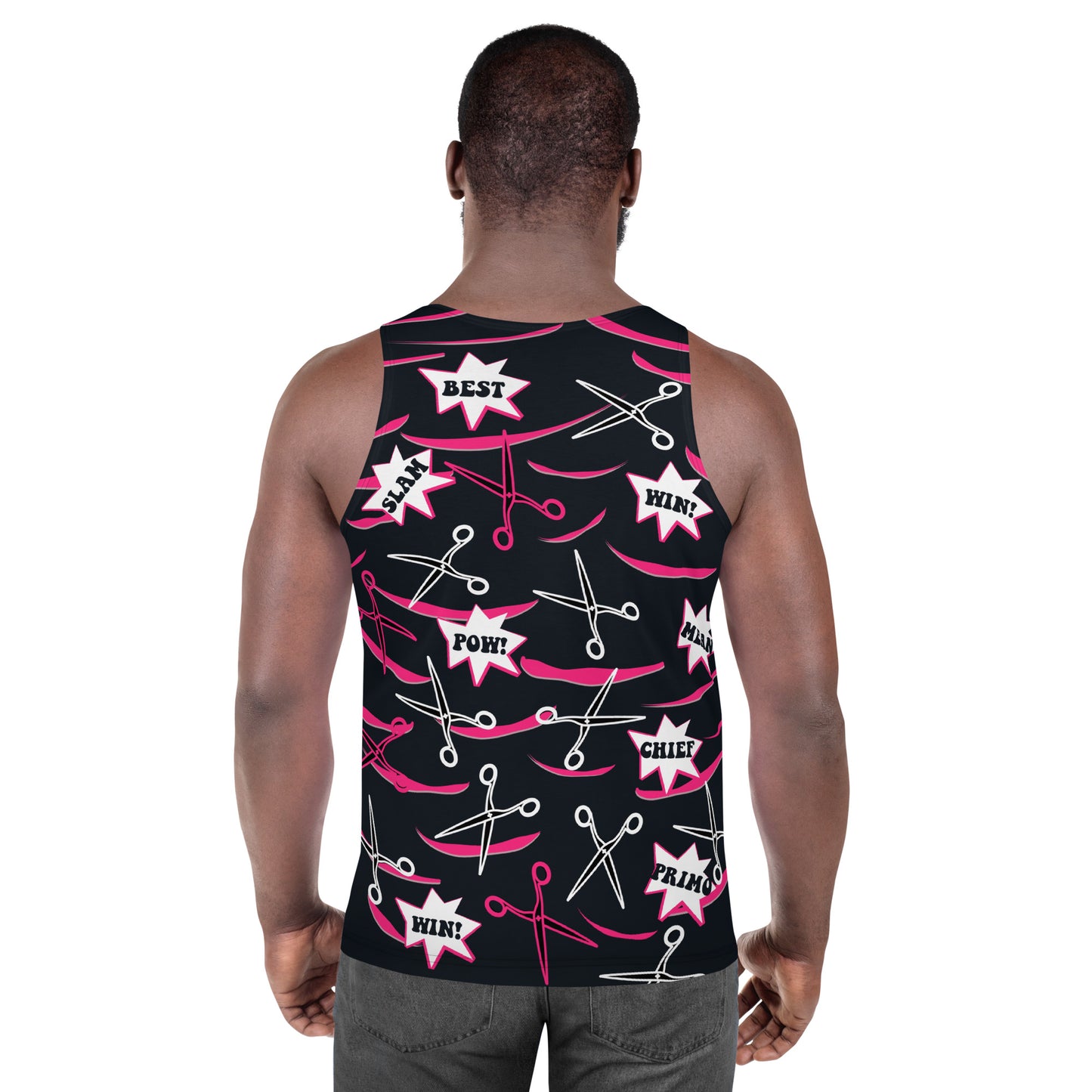 Mens tank top in pink and black with retro pro wrestling gear themes. Wrestling cosplay outfit for guys, Halloween, festivals, rave parties, clubbing. Scissors and slashes with cartoon exclamations.