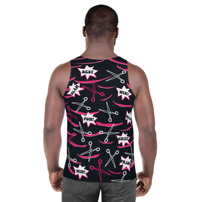 Mens tank top in pink and black with retro pro wrestling gear themes. Wrestling cosplay outfit for guys, Halloween, festivals, rave parties, clubbing. Scissors and slashes with cartoon exclamations.