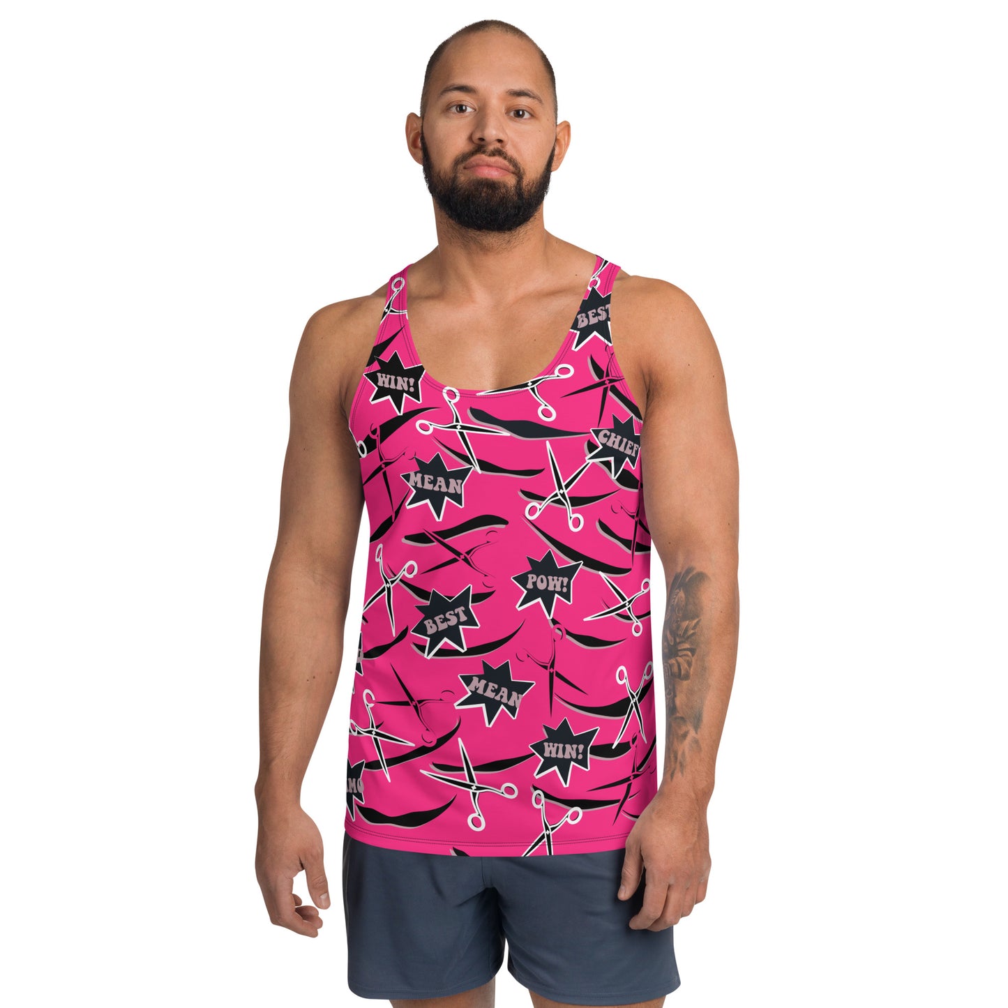 Mens tank top in pink and black with retro pro wrestling gear themes. Wrestling cosplay outfit for guys, Halloween, festivals, rave parties, clubbing. Scissors and slashes with cartoon exclamations.