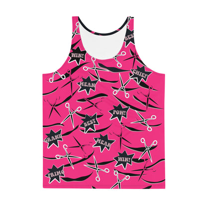 Mens tank top in pink and black with retro pro wrestling gear themes. Wrestling cosplay outfit for guys, Halloween, festivals, rave parties, clubbing. Scissors and slashes with cartoon exclamations.