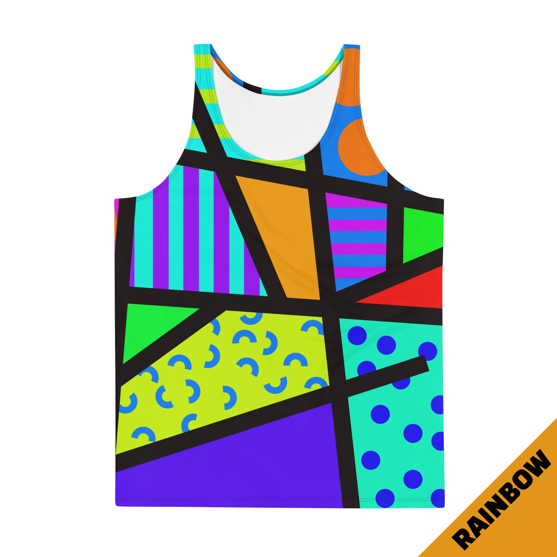 Vibrant retro 80s Memphis style tank top, for gym, running, pro-wrestling, BJJ, rave gear, festivals, streetwear with bold, bright geometric patterns and colours by BillingtonPix