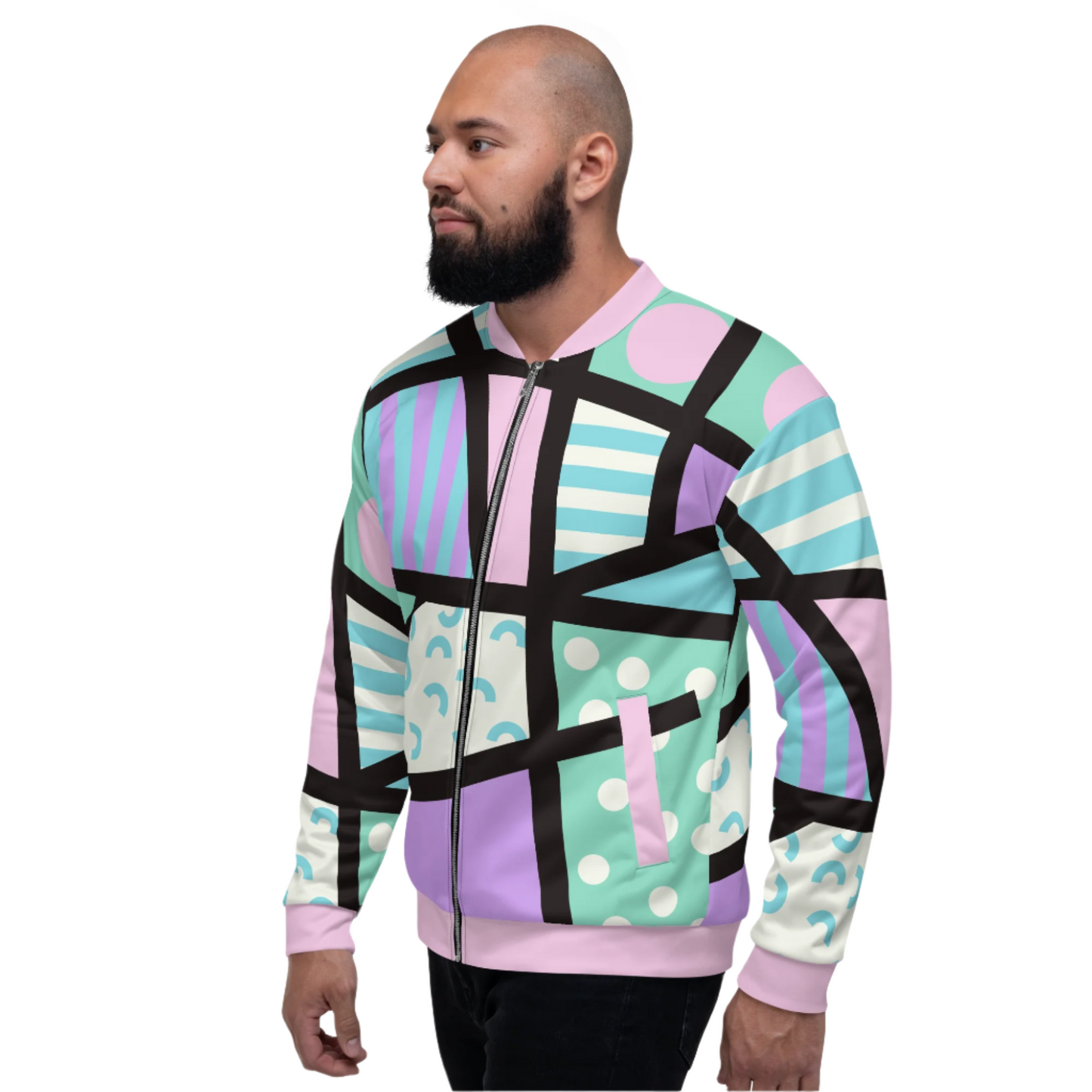 Unisex bomber jacket in vibrant geometric design. Pastel colors with long sleeves, front zipper, pink collar and cuffs.