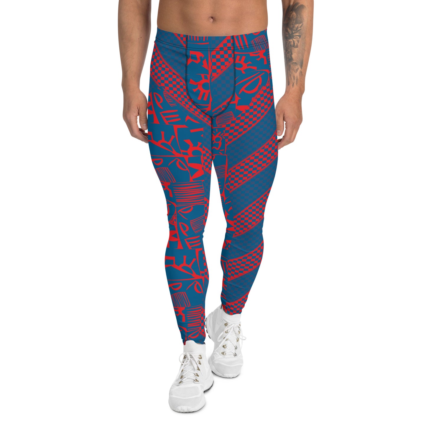 Navy and red geometric design leggings for men in retro 80s style. Pro wrestling tights for guys in fun stripy design. Rave gear and fashion meggings for guys.