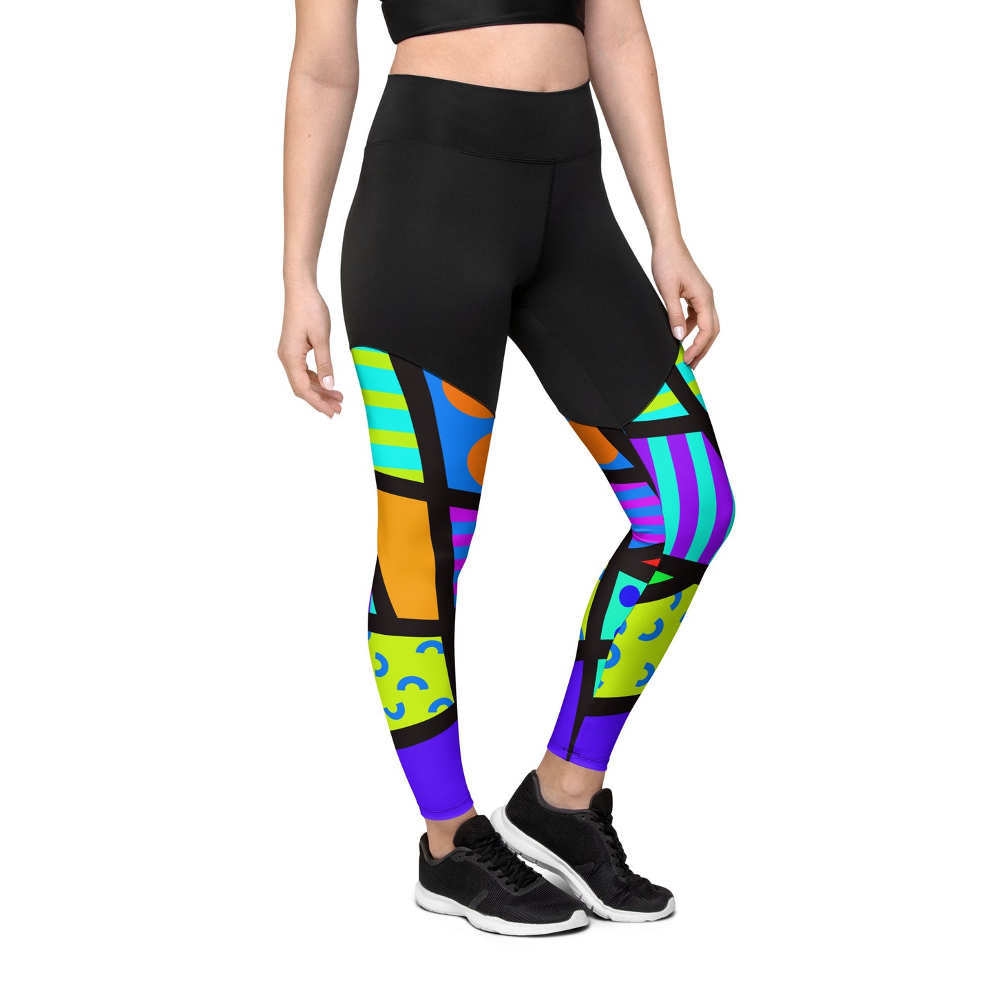 Sports leggings for women with black upper top and patterned legs. Compression ankle length gym leggings with high elasticated waistband. Non-see through and squat proof leggings.