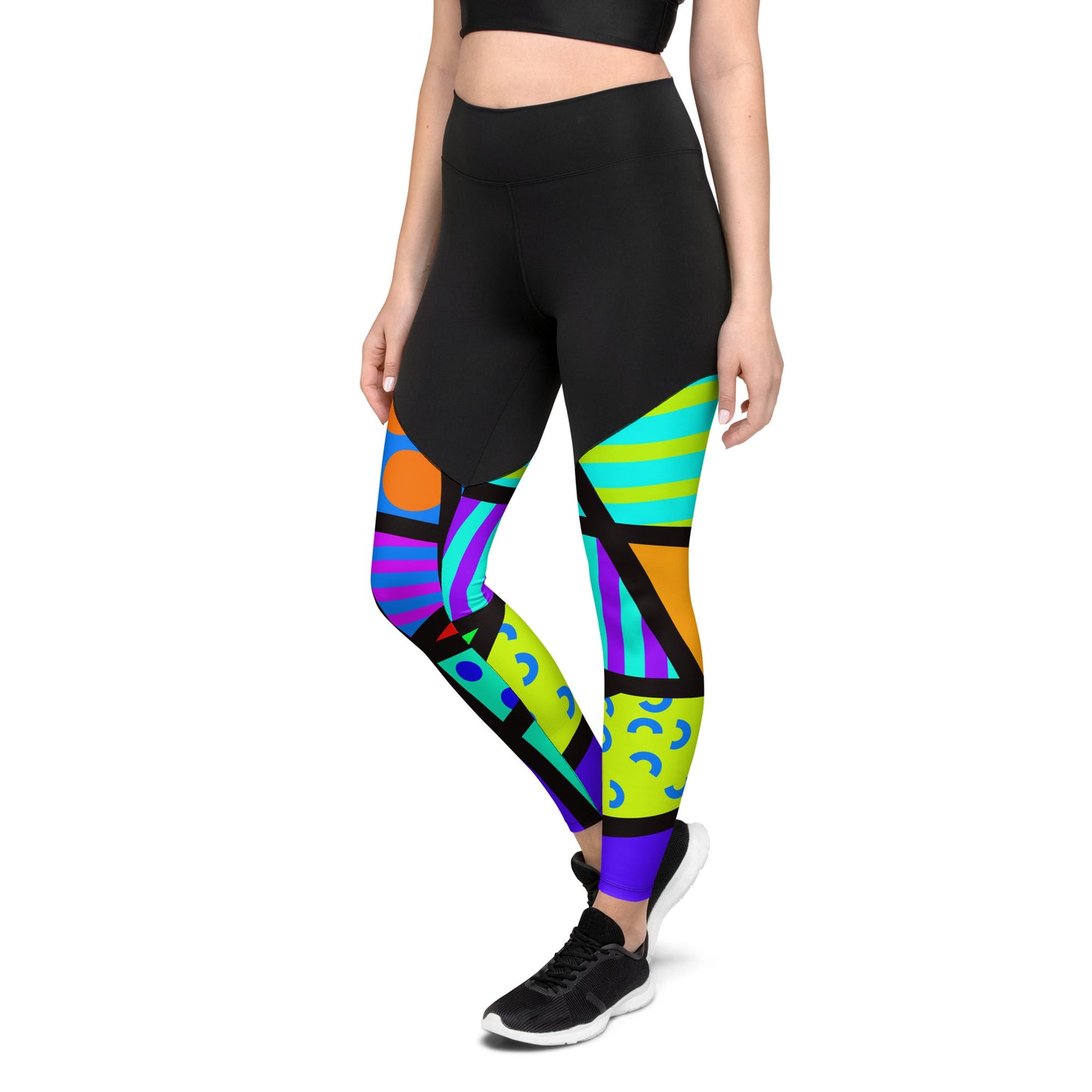 Sports leggings for women with black upper top and geometric rainbow patterned legs. Compression ankle length gym leggings with high elasticated waistband. Non-see through and squat proof leggings.