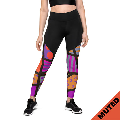 Sports leggings for women with black upper top and geometric muted orange and purple patterned legs. Compression ankle length gym leggings with high elasticated waistband. Non-see through and squat proof leggings.