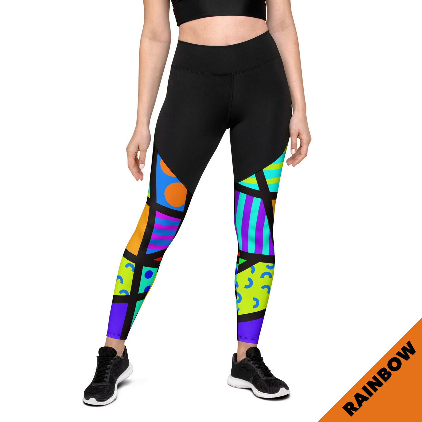 Sports leggings for women with black upper top and geometric rainbow patterned legs. Compression ankle length gym leggings with high elasticated waistband. Non-see through and squat proof leggings.