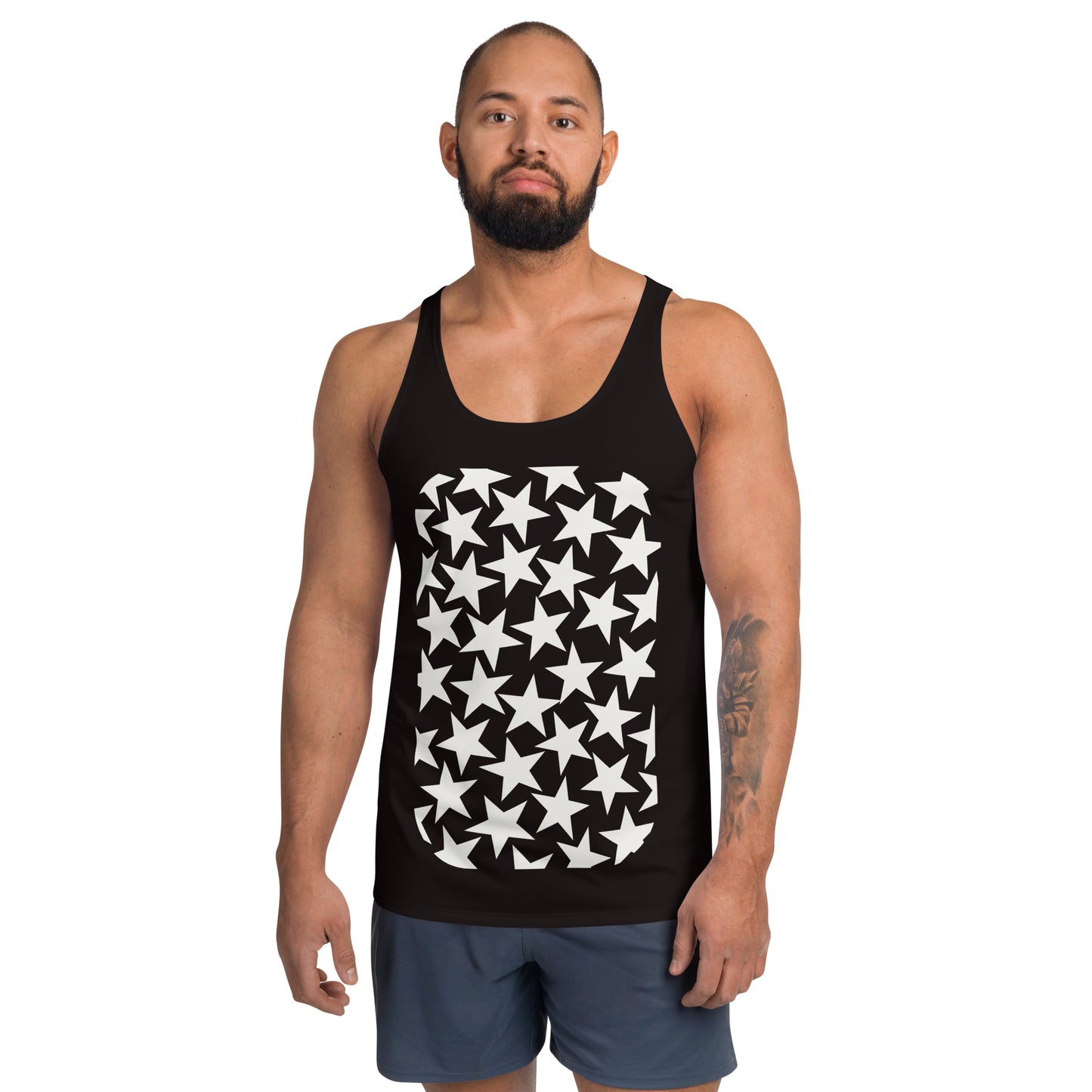 Mens tank top sports vest in black with white stars on the front and back. Relaxed fit pro wrestling gear.