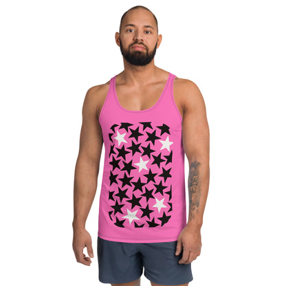 Mens tank top sports vest in hot pink with black and white stars on the front and back. Relaxed fit rave gear.