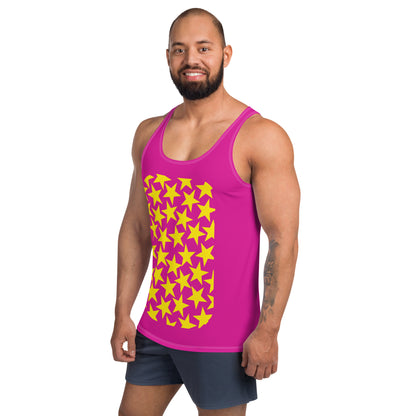 Mens tank top sports vest in pink with yellow stars on the front and back. Relaxed fit festival gear.