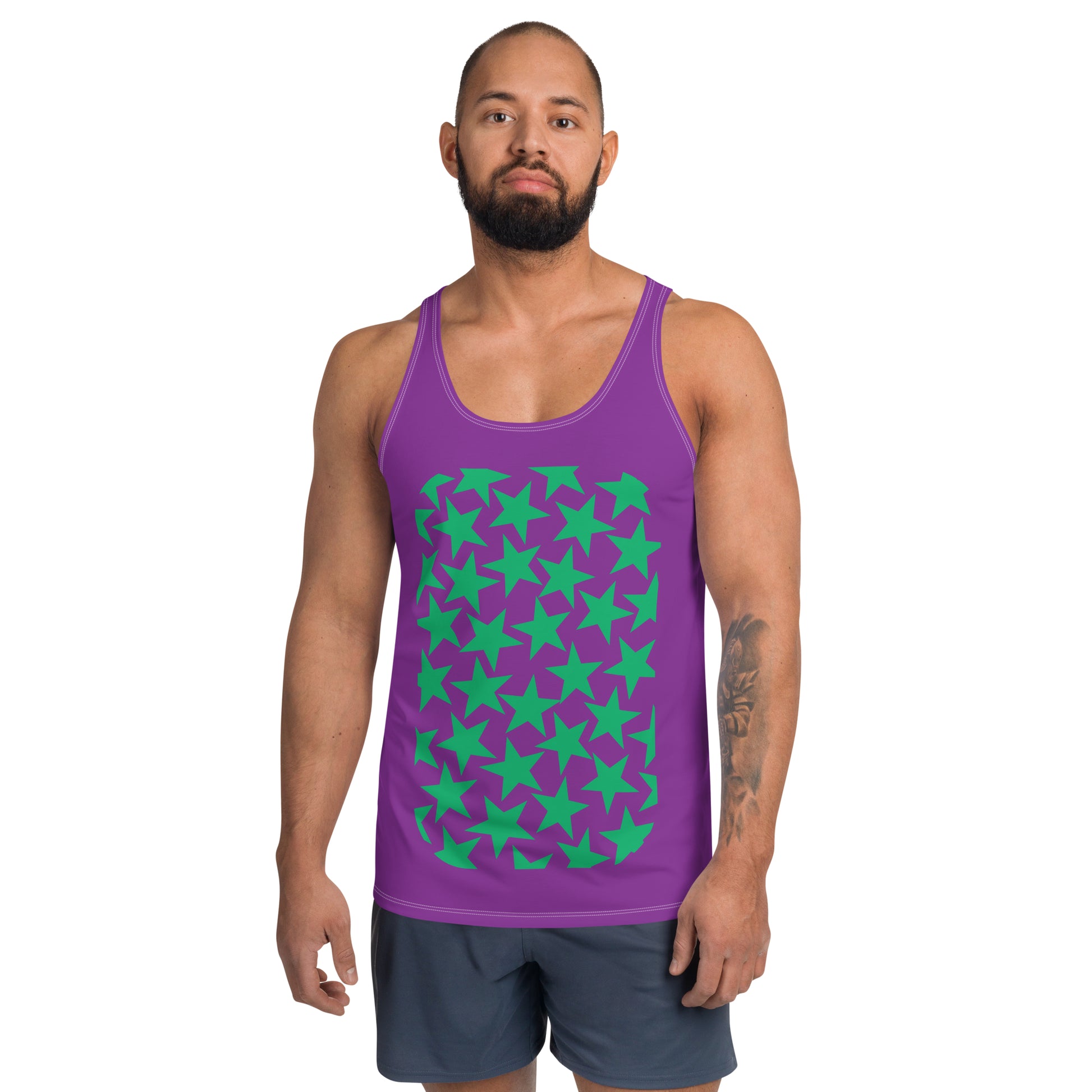 Mens tank top sports vest in purple with green stars on the front and back. Relaxed fit streetwear and clubbing gear.