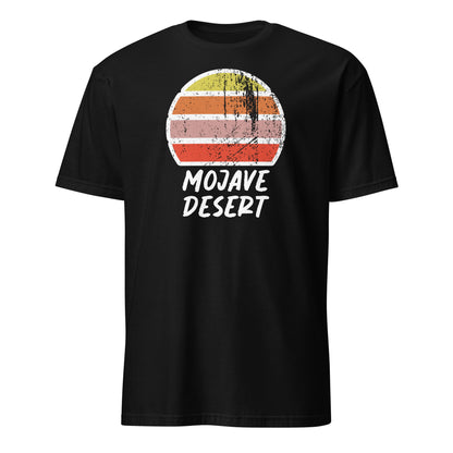 vintage sunset mojave desert graphic cotton t-shirt, with short sleeves and crew neck. Setting sun in retro colors yellow, orange, pink and above the words Mojave Desert on this black tee by BillingtonPix.