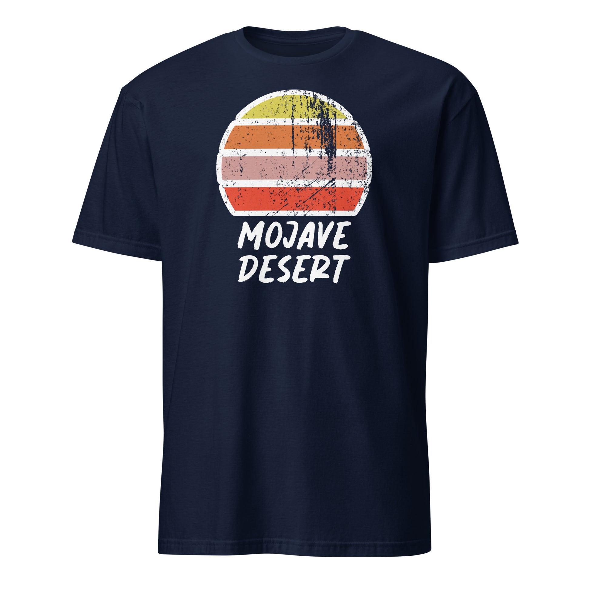 vintage sunset mojave desert graphic cotton t-shirt, with short sleeves and crew neck. Setting sun in a distressed effect in retro colors yellow, orange, pink and above the words Mojave Desert on this navy tee by BillingtonPix.